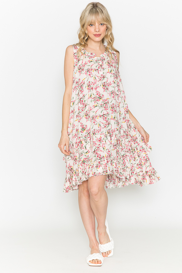 Ruffle Print Tank dress - Beige-Pink- Flower